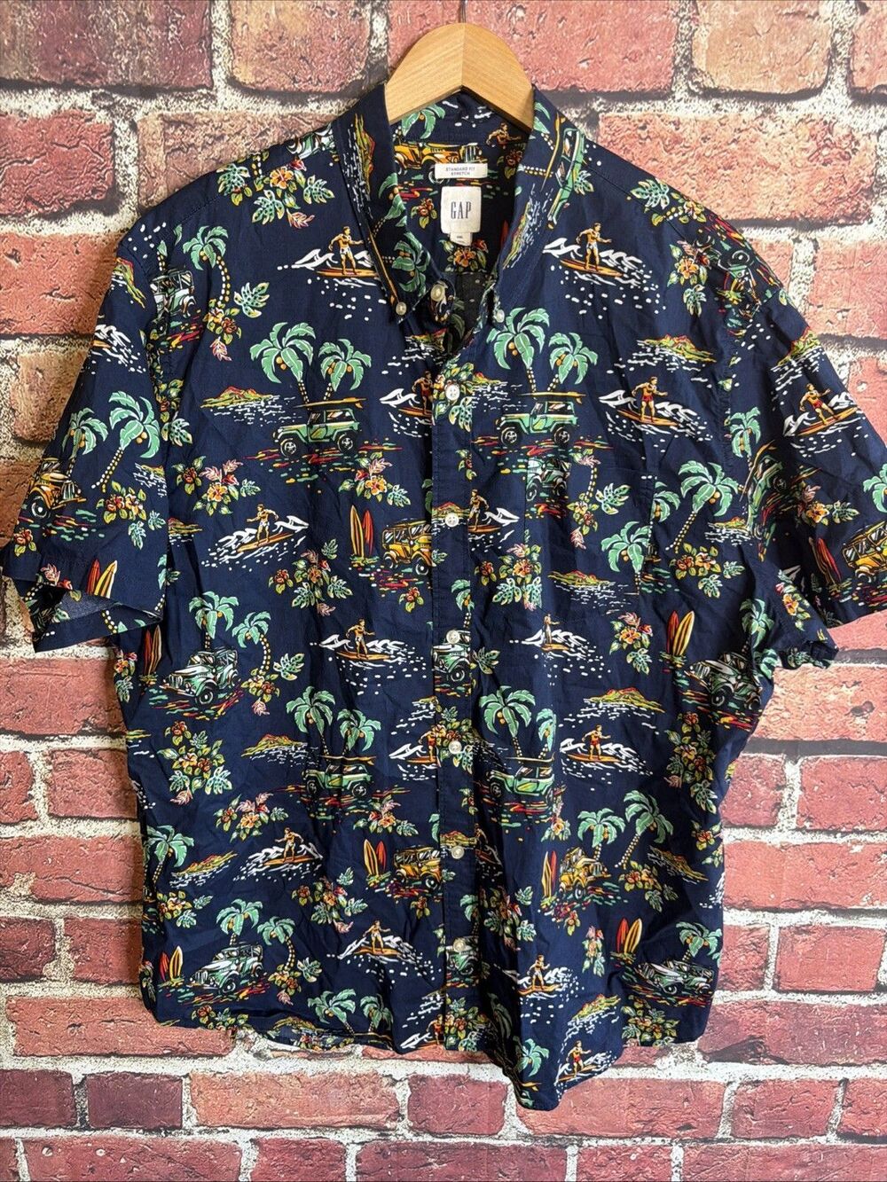 Gap Standard Fit Hawaiian Shirt Button Up Car Palm Tree Floral Blue 2XL Mens